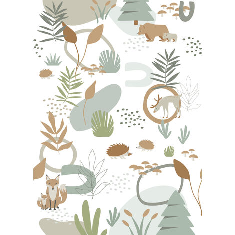 papier peint panoramique forêt avec des animaux de la forêt vert grisé et beige - ESTAhome (1/5)