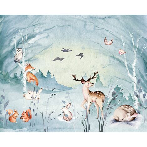papier peint panoramique animaux de la forêt bleu - Komar (1/3)