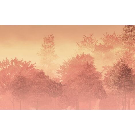 papier peint panoramique paysage boisé rose orange pêche  - Komar