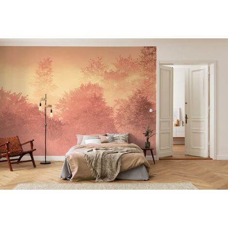 papier peint panoramique paysage boisé rose orange pêche  - Komar