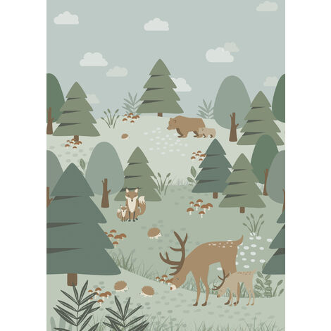 papier peint panoramique forêt avec des animaux de la forêt vert - ESTAhome (1/5)
