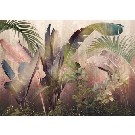 papier peint panoramique feuilles de palmier vert et rose  - Komar