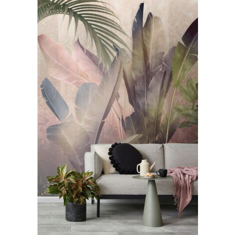papier peint panoramique feuilles de palmier vert et rose  - Komar