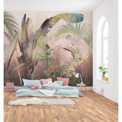 papier peint panoramique feuilles de palmier vert et rose  - Komar