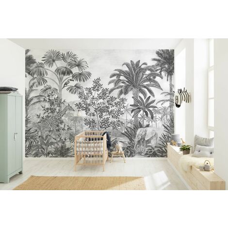 papier peint panoramique une jungle avec des animaux noir et blanc - Komar