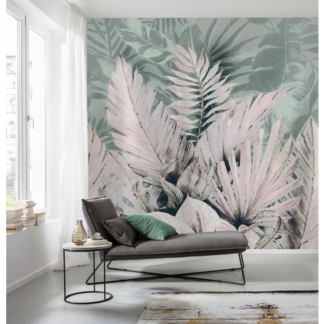 papier peint panoramique Palmiers Tropicaux rose et vert  - Komar