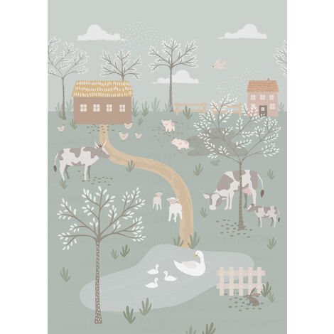 papier peint panoramique les animaux de la ferme vert grisé - ESTAhome (1/5)