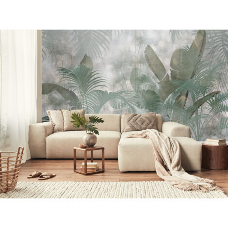 papier peint panoramique feuilles tropicales vert grisé  - Komar