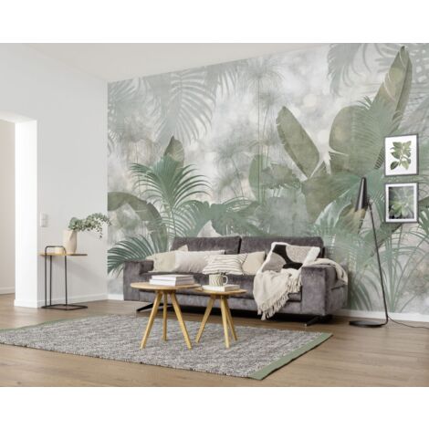 papier peint panoramique feuilles tropicales vert grisé  - Komar