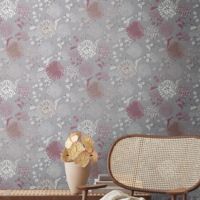 papier peint fleurs gris, blanc, rouge et lilas violet - Livingwalls