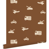 papier peint voitures, camions de pompiers, hélicoptères et grues marron - ESTAhome