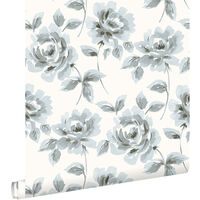 papier peint roses peintes à l'aquarelle bleu clair et gris - ESTAhome