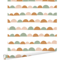 papier peint motif graphique rose clair, orange chaude et vert menthe - ESTAhome
