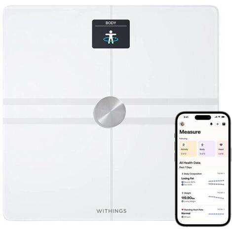 Withings Body Comp - Bilancia pesapersone digitale WiFi e bluetooth con analisi corporea completa: peso, grasso corporeo, grasso muscolare, acqua e tracciamento cardiovascolare, colore bianco