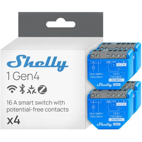 Shelly 1 Gen4- Switch de smart relay, 1 canale de 16 A, telecomando wireless e senza potenziale per thehome, nessun hub richiesto, Alexa, Apple HomeKit e Google Home, Zigbee &amp Matter.