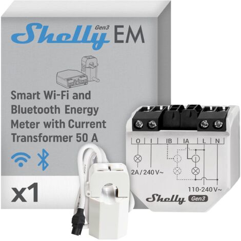 Shelly EM Gen3 + 50А morsetto, Wi-Fi & Bluetooth Smart Energy Meter e Contattore interruttore relè di controllo, Trasformatore di corrente, Domotica, Alexa e Google Home, Nessun hub richiesto