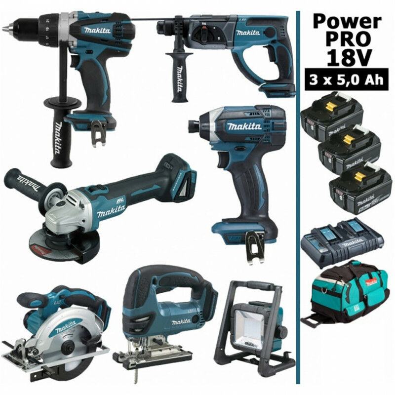 Pack Makita Power PRO 6 outils 18V: DDF458 + DGA504 + DTD152 + DJV180 +  DSS610 + DJR186 + 3 batt 5Ah + sac