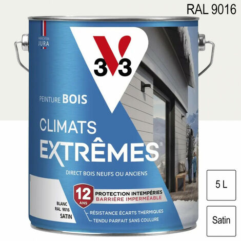 V33 – Peinture bois extérieur Climats Extrêmes RAL 9016 blanc satin 5L – Microporeuse pour bois dur et exotique – Résistante aux intempéries