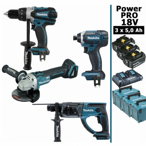 Pack Makita Power PRO 18V: DDF458 + DHR202 + DGA504 + DTD152 + 3 batt 5Ah + 3 Coffrets