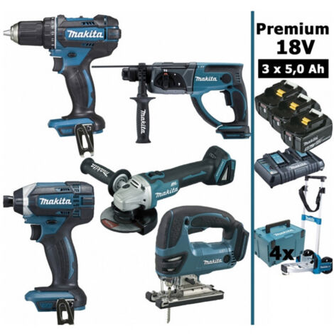 Pack Makita Premium 5 machines 18V 5Ah: Perceuse DDF482 + Meuleuse DGA504 + Perforateur DHR202 + Visseuse à chocs DTD152 + Scie (1/5)
