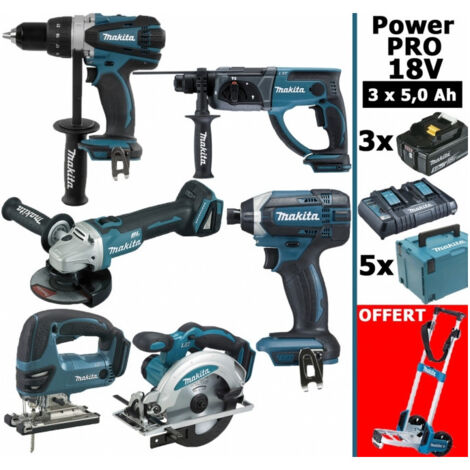 Pack Makita Power PRO 6 outils 18V: DDF458 +DHR202 + DGA504 + DTD152 + DJV180 + DSS610 + 3 batt 5Ah + 5 Coffrets + chariot diabl