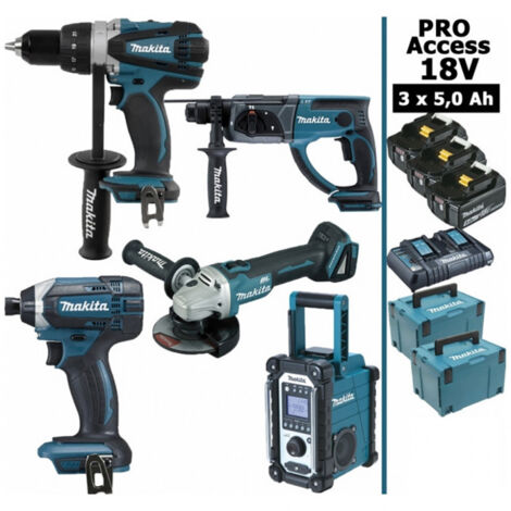 Makita – Pack de 5 outils électroportatifs 18V – Perceuse 91Nm DDF458 – Visseuse à chocs 165Nm DTD152 – Meuleuse 125mm DGA504 – Perforateur 2J DHR202