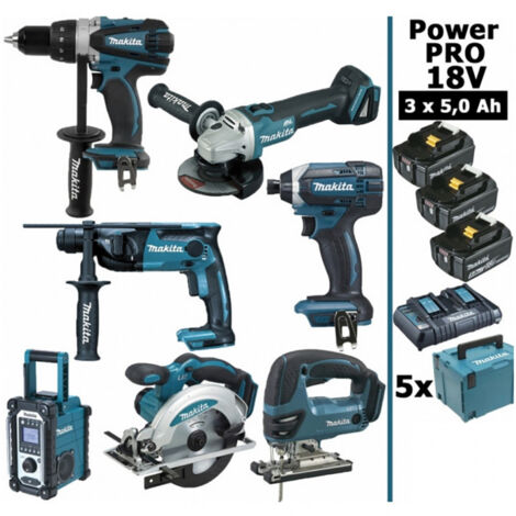 Makita – Pack de 7 outils électroportatifs 18V – 3 batteries 5Ah – Perceuse 91Nm, Meuleuse 125mm, Scie circulaire 165mm – Coffret de transport inclus (1/5)