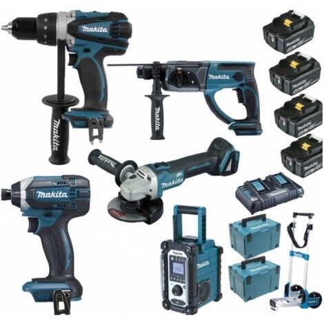 Pack Makita Pro 18V 5Ah: Perceuse 91Nm DDF458 + Meuleuse 125mm DGA504 + Perforateur 2J DHR202 + Visseuse à chocs 165Nm DTD152 + (1/5)