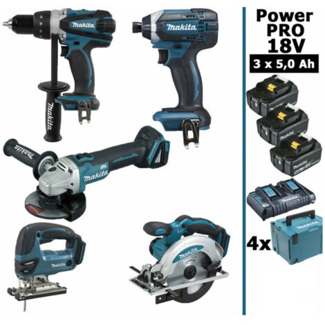 Pack Makita Power PRO 5 outils 18V: DDF458 + DGA504 + DTD152 + DJV180 + DSS610 + 3 batt 5Ah + 4 Coffrets (1/5)