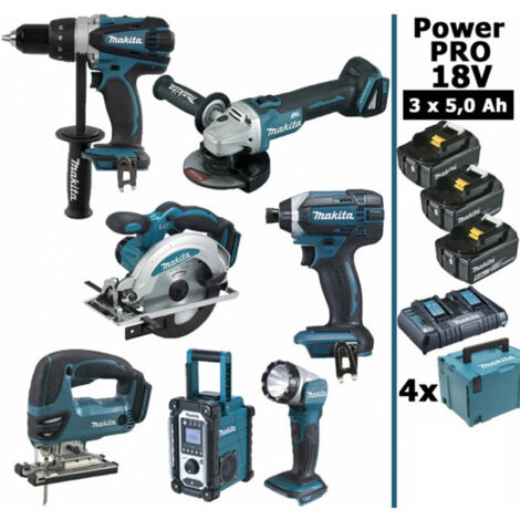 Pack Makita Power PRO 7 outils 18V: DDF458 + DGA504 + DTD152 + DJV180 + DSS610 + DMR108 + DEADML802 + 3 batt 5Ah + 4 Coffrets (1/5)