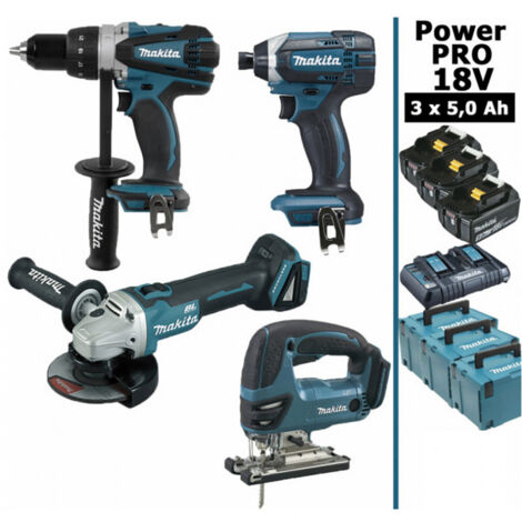 Pack Makita Power PRO 18V: DDF458 + DGA504 + DTD152 + DJV180 + 3 batt 5Ah + 3 Coffrets (1/5)