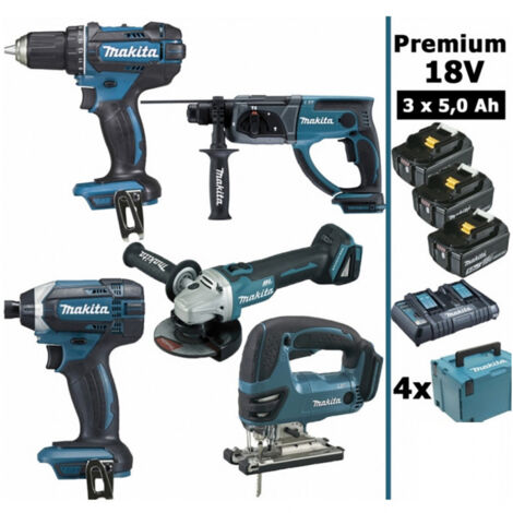 Pack Makita premium 5 machines 18V 5Ah: Perceuse DDF482 + Meuleuse DGA504 + Perforateur DHR202 + Visseuse à chocs DTD152 + Scie (1/5)