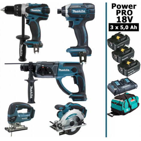 Pack Makita Power PRO 5 outils 18V: Perceuse DDF458 + Perfo DHR202 + Visseuse DTD152 + DJV180 + DSS610 + 3 batt 5Ah + sac