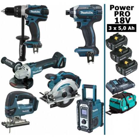 Pack Makita Power PRO 6 outils 18V: DDF458 + DGA504 + DTD152 + DJV180 + DSS610 + DMR108 + 3 batt 5Ah + sac (1/5)