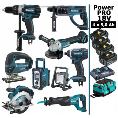Makita – Pack de 9 outils électroportatifs 18V – 4 batteries 5Ah – Perceuse, meuleuse, scie, radio chantier – Moteur Brushless, technologie XPT