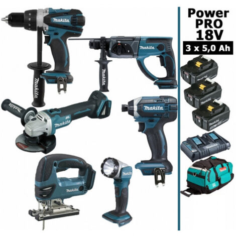 Pack Makita Power PRO 6 outils 18V: DDF458 + DHR202 + DGA504 + DTD152 + DJV180 + Lampe + 3 batt 5Ah + sac (1/5)