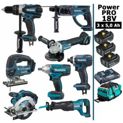Pack Makita Power PRO 8 outils 18V: DDF458 DHR202 DGA504 DTW190 DTD152 DJV180 DSS610 DJR186 + 3 batt 5Ah + sac (1/5)