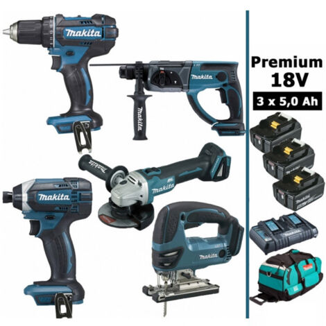 Pack Makita premium 5 machines 18V 5Ah: Perceuse DDF482 + Meuleuse DGA504 + Perforateur DHR202 + Visseuse à chocs DTD152 + Scie (1/5)