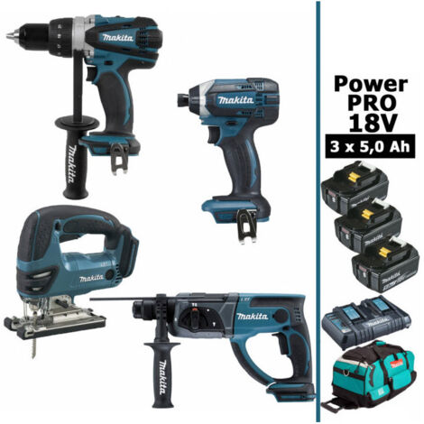 Pack Power PRO 18V 5Ah : Perceuse DDF458 + Perfo DHR202 + Visseuse à chocs DTD152 + Scie sauteuse DJV180 + 2 batt + sac MAKITA (1/5)