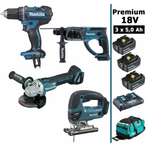 Pack Makita Premium 4 machines 18V 5Ah: Perceuse DDF482 + Meuleuse DGA504 + Perforateur DHR202 + DJV180 + 3 batteries + sac (1/5)