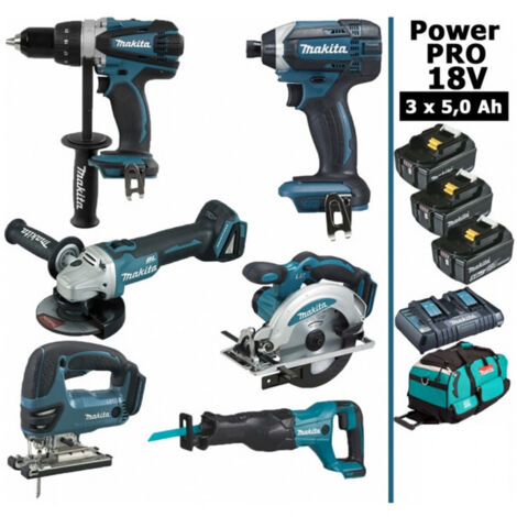 Pack Makita Power PRO 6 outils 18V: DDF458 + DGA504 + DTD152 + DJV180 + DSS610 + DJR186 + 3 batt 5Ah + sac (1/5)