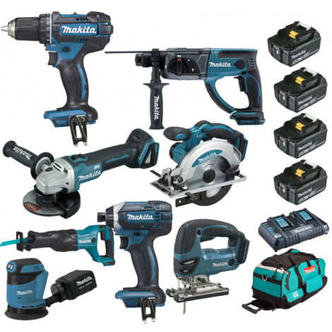 Makita – Pack de 8 outils électroportatifs 18V – 4 batteries 5Ah – Perceuse, visseuse, meuleuse, scies – Sac de transport inclus