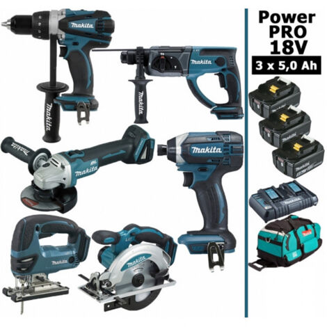 Pack Power PRO 6 outils 18V: DDF458 + DHR202 + DGA504 + DTD152 + DJV180 + DSS610 + 3 batt 5Ah + sac (1/5)
