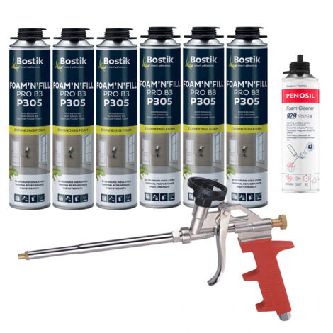 Pack 6 Mousses expansives PU pistolable P305 Foam'n'Fill 750ml BOSTIK + Nettoyant FoamCleaner 929 500ml + Pistolet manuel