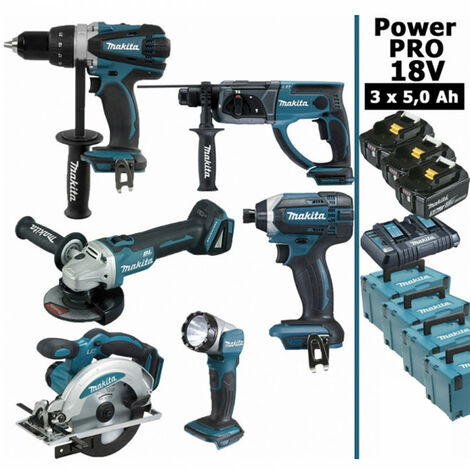 Pack Makita Power PRO 6 outils 18V: DDF458 + DHR202 + DGA504 + DTD152 + DSS610 + Lampe + 3 batt 5Ah + 4 Coffrets (1/5)
