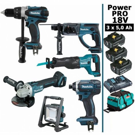 Pack Makita Power PRO 6 outils 18V: DDF458 + DHR202 + DGA504 + DTD152 + DJR186 + Projecteur + 3 batt 5Ah + sac (1/5)