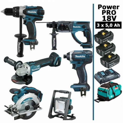 Pack Makita Power PRO 6 outils 18V: DDF458 + DHR202 + DGA504 + DTD152 + DSS610 + Projecteur + 3 batt 5Ah + sac (1/5)
