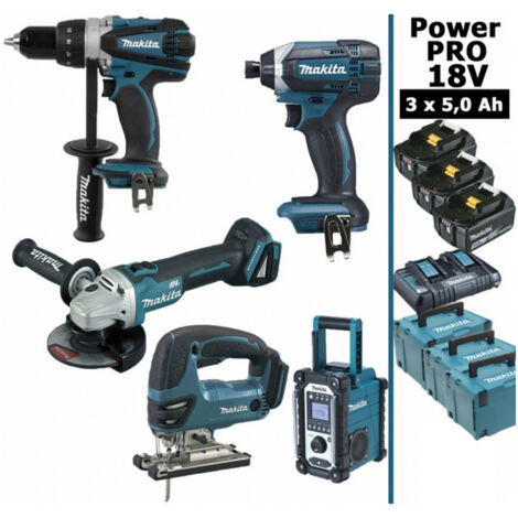 Pack Power PRO Makita 18V: DDF458 + DGA504 + DJV180 + DTD152 + DMR108 + 3 batt 5Ah + 3 coffrets (1/5)