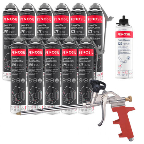 Pack 11 Mousses colle universelle SpeedFix Construction 878 pistolable 690ml PENOSIL + Nettoyant FoamCleaner929 500ml + Pistolet
