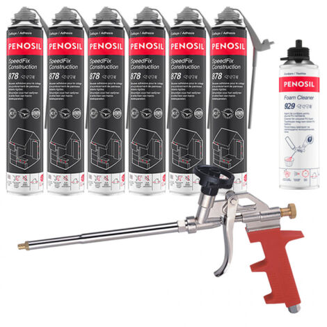 Pack 6 Mousses colle universelle SpeedFix Construction 878 pistolable 690ml PENOSIL + Nettoyant FoamCleaner929 500ml + Pistolet